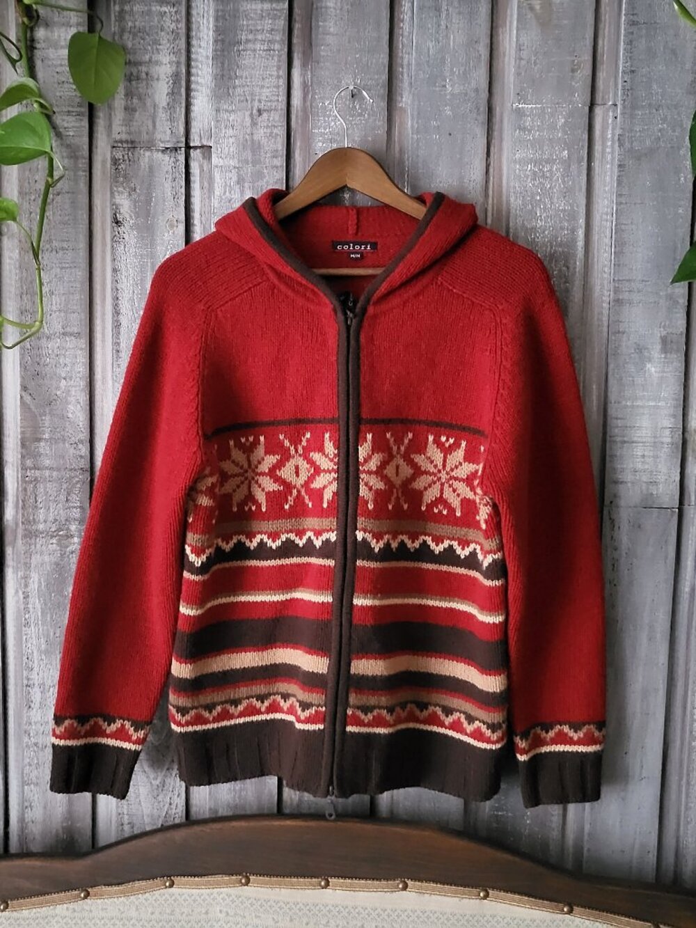 Wool Nordic Fair Isle Hooded Full Double Zip Sweater M